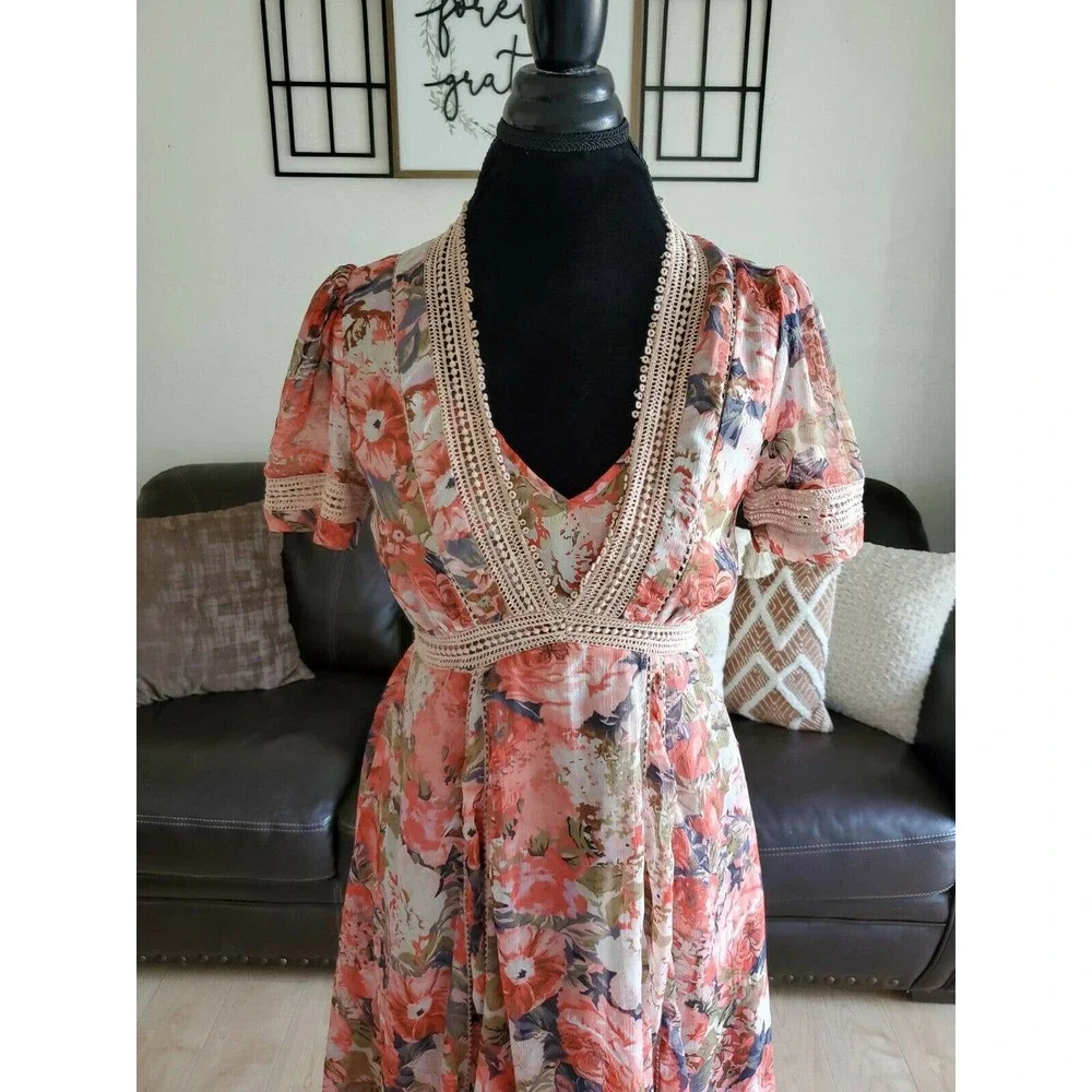 Ranna Gill Anthropologie Women's Rose Bouquet Crochet Floral Midi Dress Size 6 - Picture 5 of 12